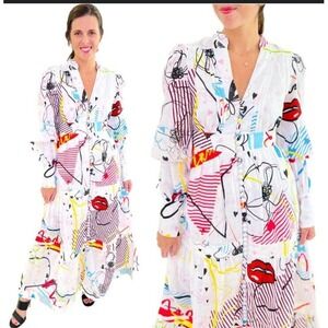 Mackenziemode Sz 8 Abstract Art to Wear Button Up Linen Blend Maxi Dress